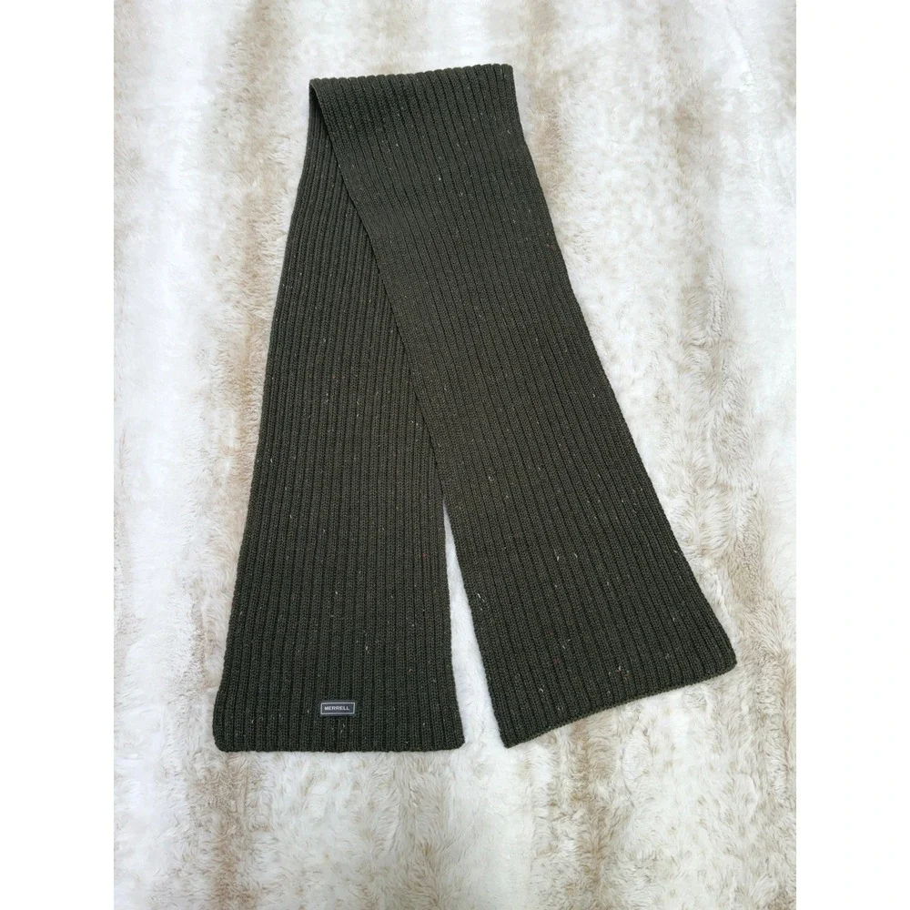 Merrell Knit Scarf Mens OS Olive Green Ribbed Wool‎ Blend Speckled Academia